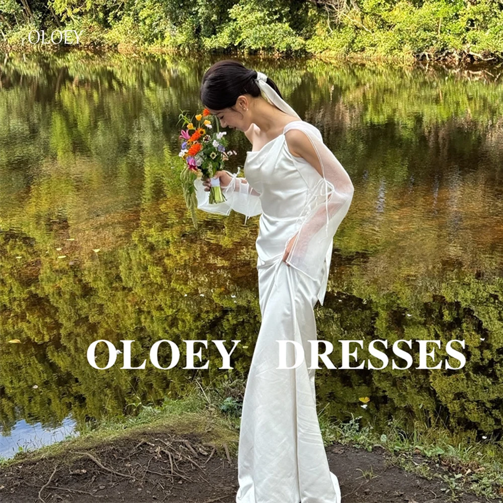 OLOEY Simple White Silk Wedding Dresses Korea Photo shoot Silk Long Sleeves Corset Back Bride Gowns Floor Length Customized