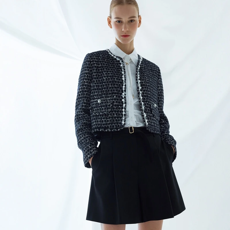 Abrigo de Lana Coreano Elegante con Cuello en V, Decorado con Perlas Cosidas a Mano, Chaqueta de Tweed Estilo Perfume para Mujeres Jóvenes