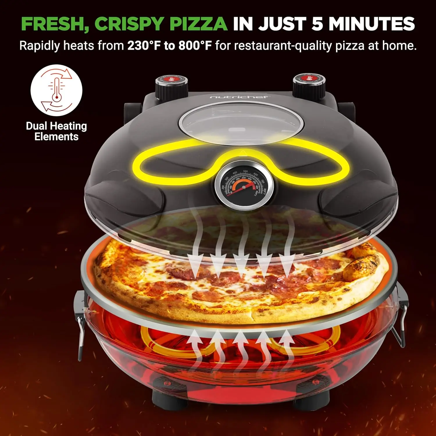 Electric Pizza Oven | 1200W Countertop Pizza Maker with Temperature Control & Thermometer | Viewing Window for Precise