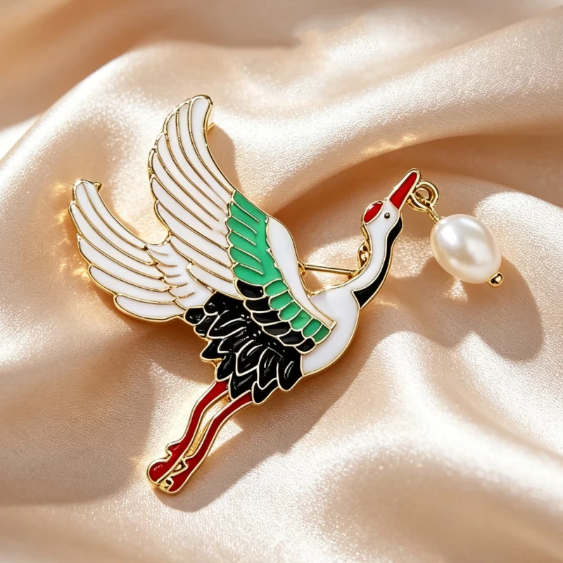 Flying Red-crowned Crane Metal Pins Brooches White Enamel Women's Clothing Brooch Pearl Pendants Luxury Brooches for Female