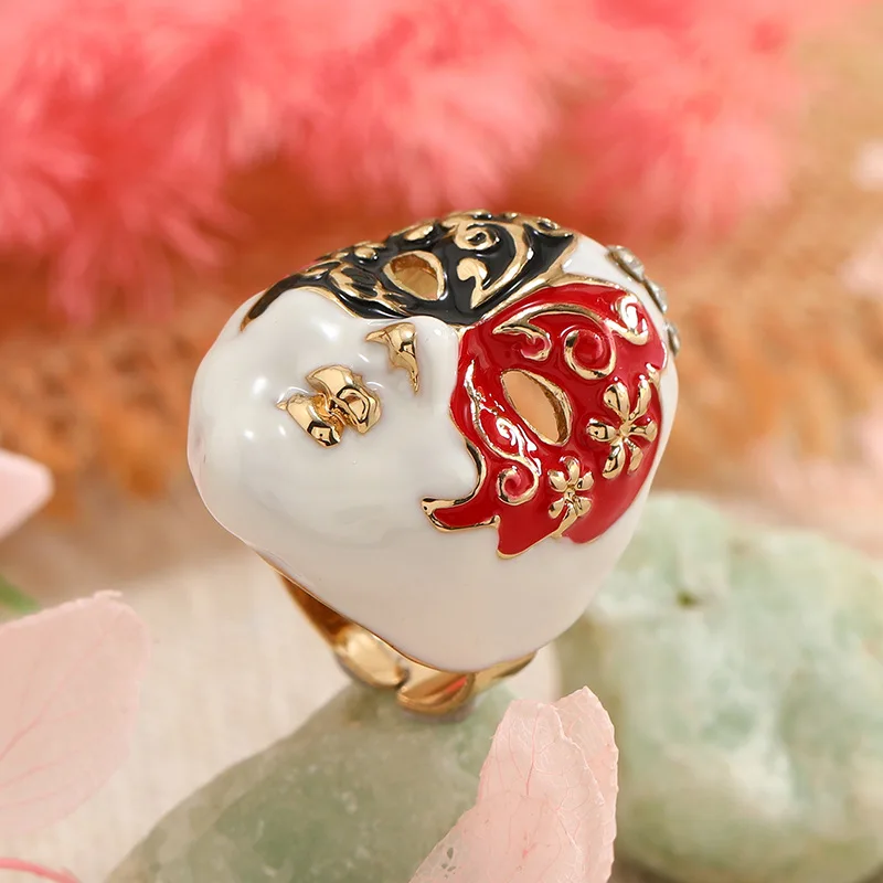 Traditional Chinese Style Mask Ring Peking Opera Red and Black Mask Ring Women\'s Open Ring New Year Adjustable Ring