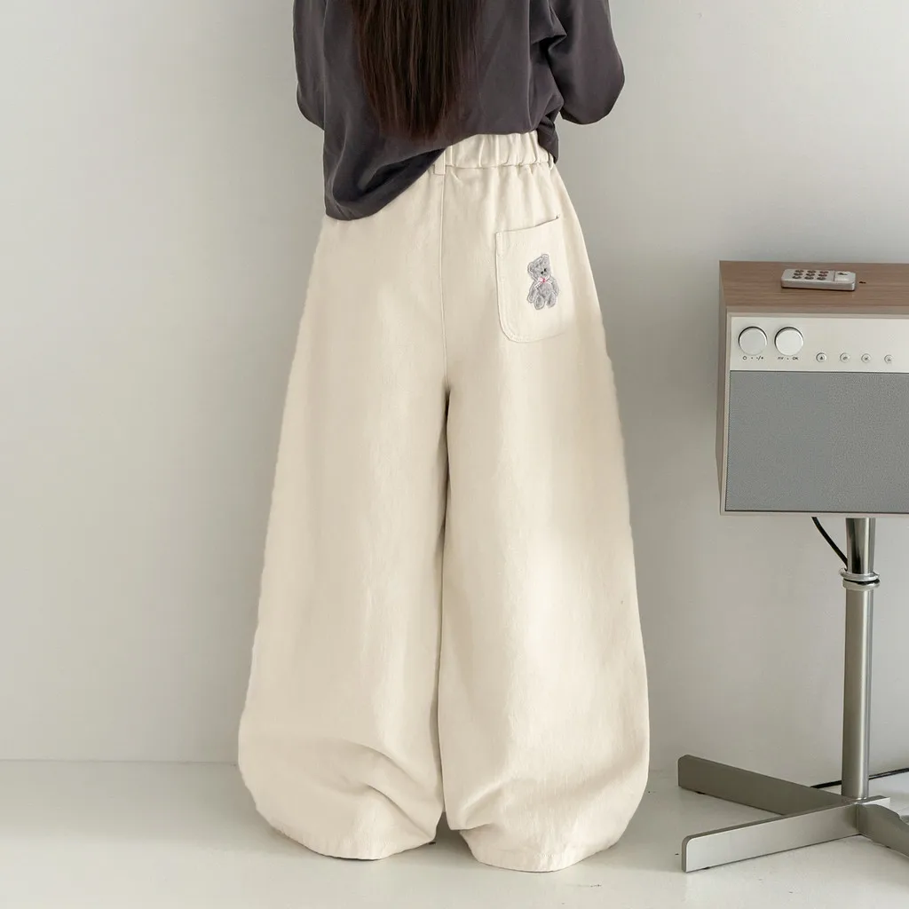 Girls Wide Leg Jeans Beige Autumn Cute Bear Cherry Children Straight Leg Pants 2