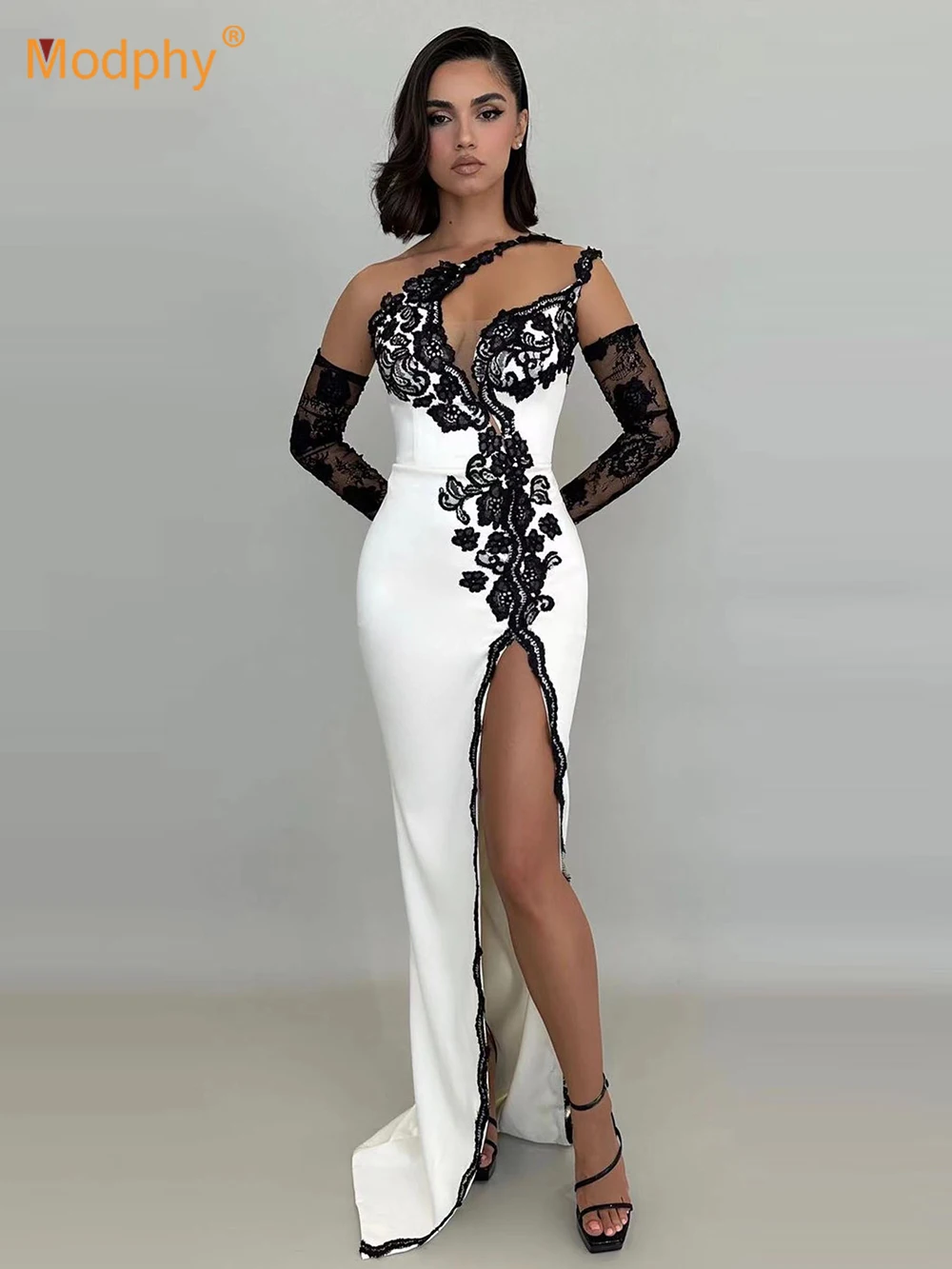 

Modphy Sexy White One Shoulder Lace Tight Long Dress Women Sleeveless Backless High Split Party Evening Gowns 2024 Lady Vestidos