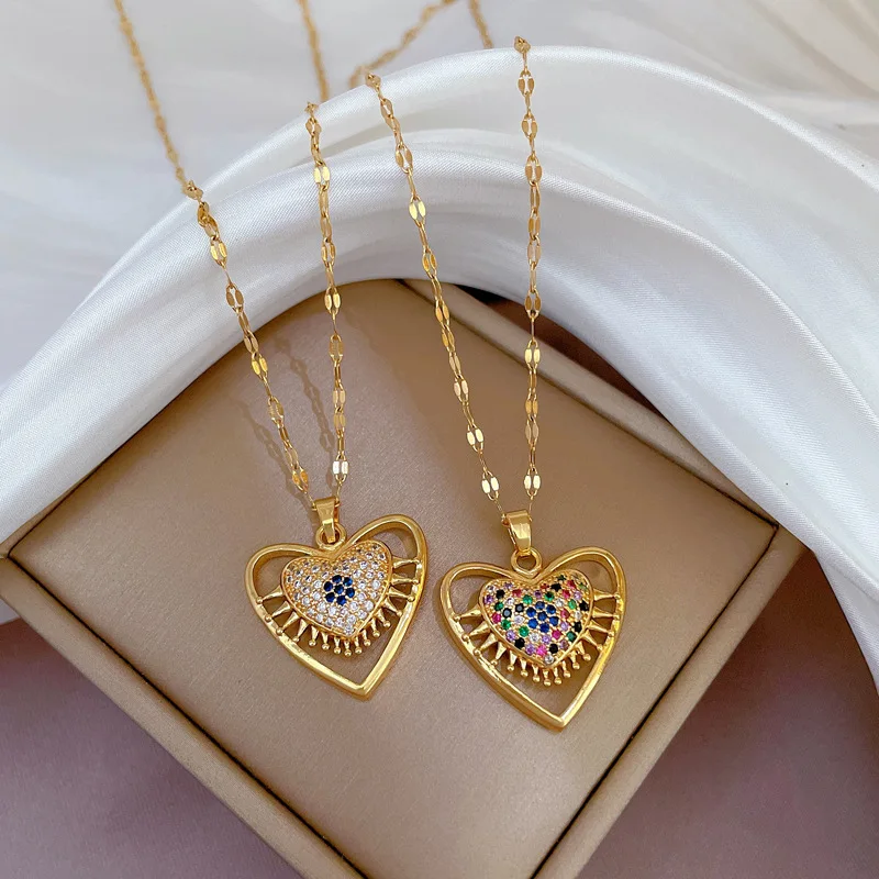 Dainty Gold Plated Cubic Zirconia Micro Pave Heart CZ Zircon Evil Eye Pendant Necklace for Women Eyelash Charm Choker Femme