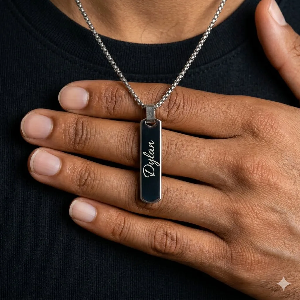 

Free Engraving Necklaces for Men, Bold Stainless Steel Vertical Bar Geometric Pendant Box Chain, Custom Gift to Dad Husband BF