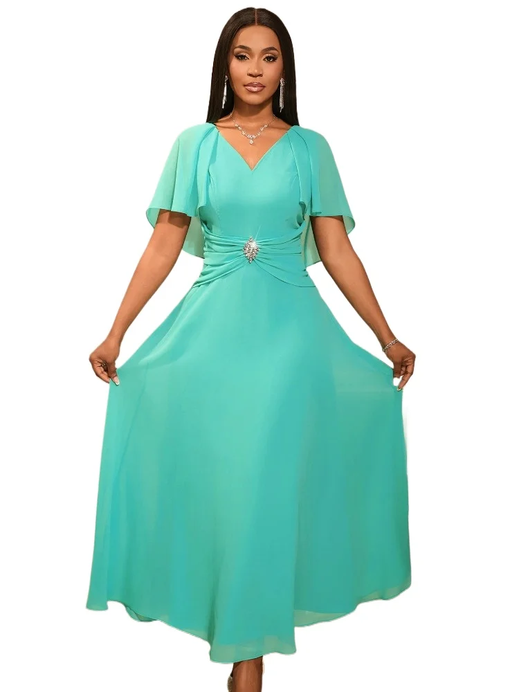 

Elegant Women Long Dress with V Neck Butterfly Sleeve Waist A Line Rhinestone Accent Flowy Hem for Evening Gatherings Weddings