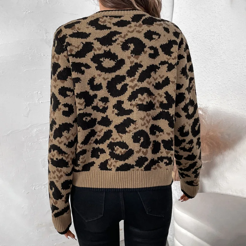 Elegant Women's Leopard Print Bow Tie Casual Knitted Sweater Autumn And Winter Fashion Long Sleeved Round Neck Cardigan Sweater