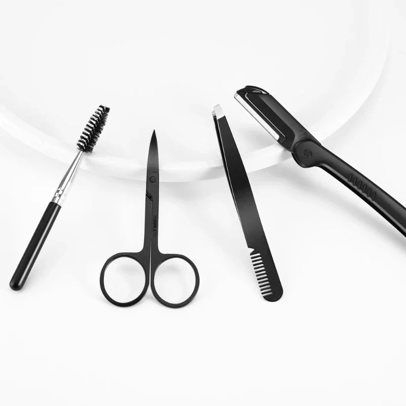 Black Eyebrow Trimming Scissors Stainless Steel Tweezers Scraping Eyebrow Comb Razor Eyebrow Clip Makeup Tools Sets