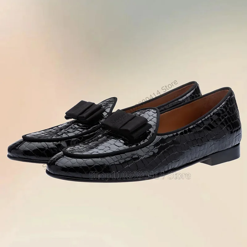 

Black Bow Knot Snakeskin Print Patent Leather Loafers Fashion Slip On Men Shoes Luxurious Handmade Party Office Men Dress Shoes