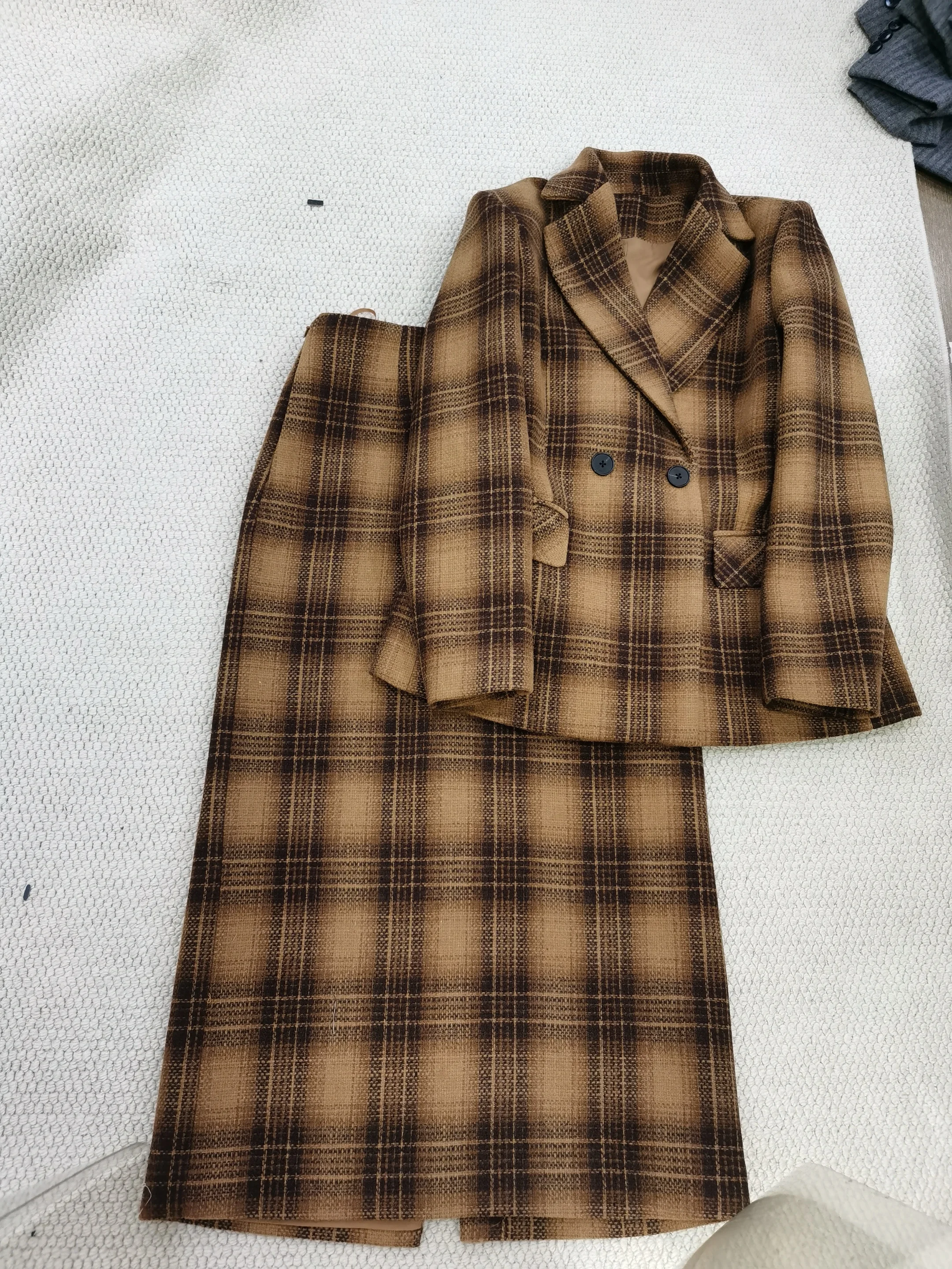 Vintage British & HK Style Wool Plaid Blazer and Long Midi Skirt Set, S-M-L-XL
