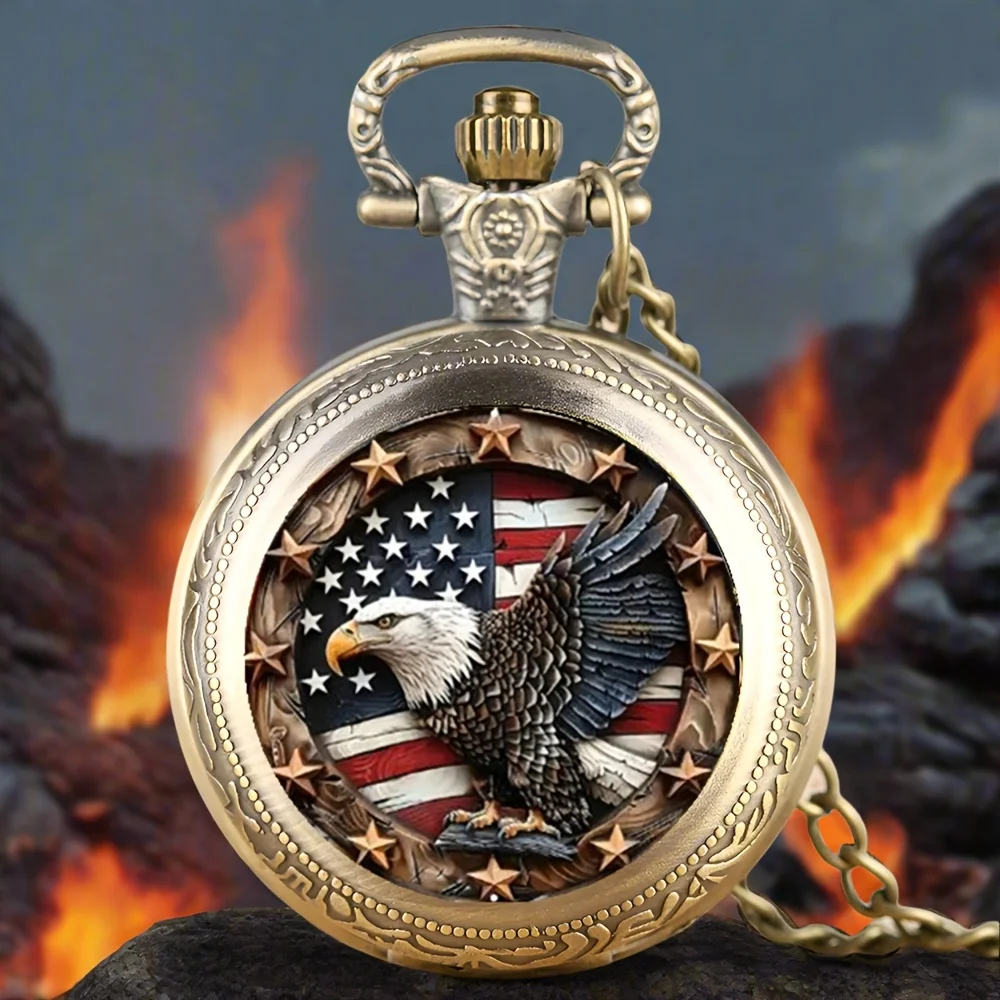 American Flag Design with Eagle Pocket Watch Necklace - Stainless Steel Quartz Movement, Non-Waterproof Watch for Men