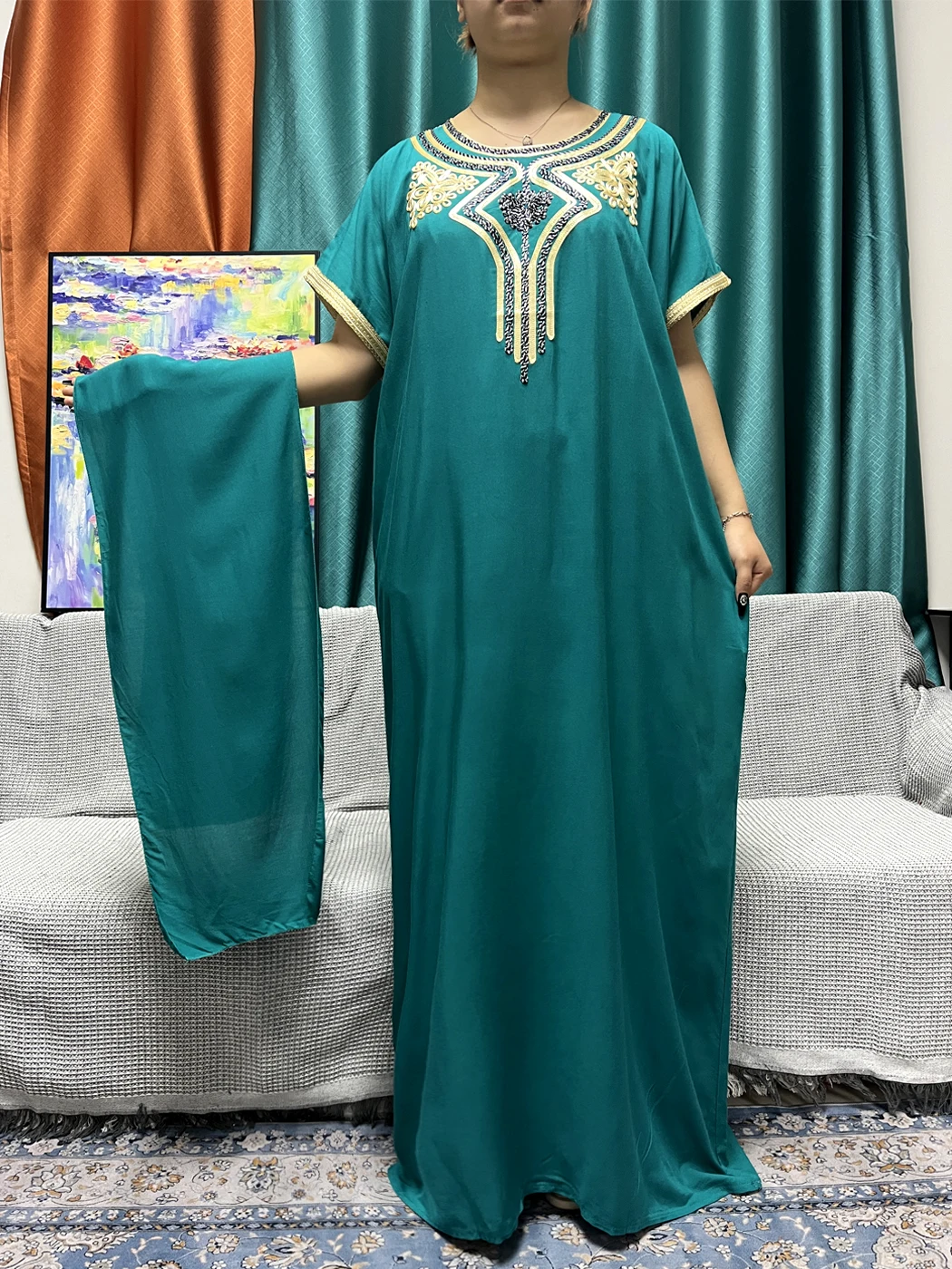 Abayas-vestido de algodón puro para mujer, traje holgado de Dubái con turbante, Hijabs Afreican musulmanes, novedad de 2024