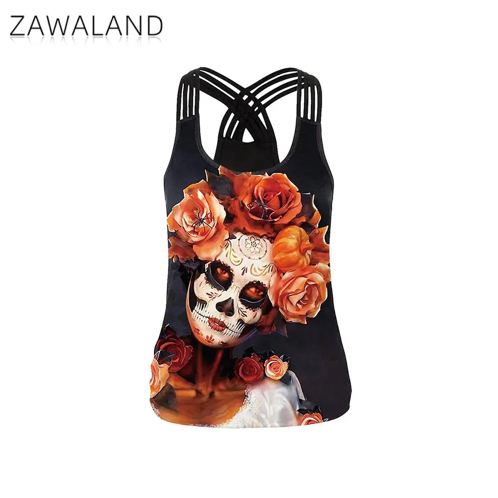 ZAWALAND Halloween Costumes Tank Top Summer Sexy Women Sling Cross T-Shirt Vest Female Pirate Pattern Printed Cosplay Vest Tops