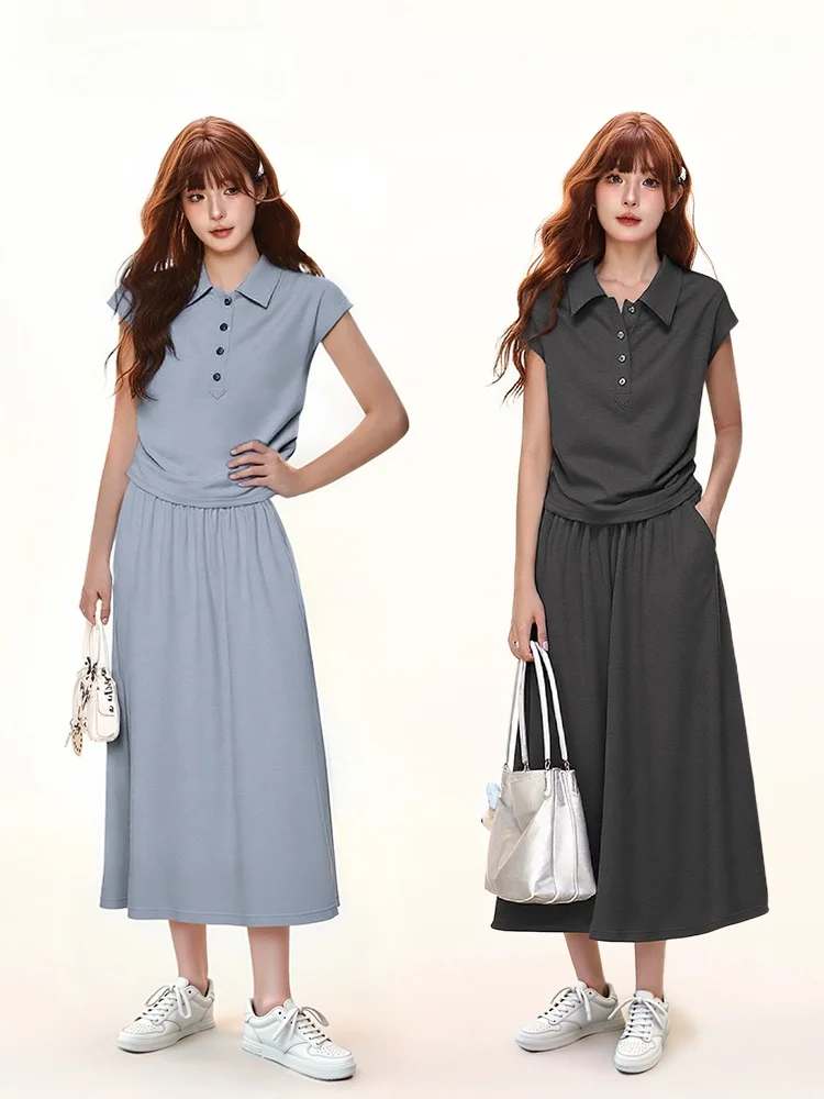 

Lazy November Neck Short Sleeve A-Line Skirt Women's Summer Casual Waist-Cinching Two-Piece Set Casual Chic