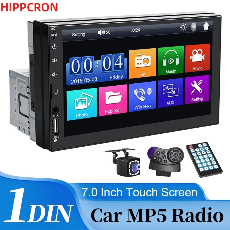 

HIPPCRON 7-Inch Touchscreen 1 DIN Car MP5 Player Wireless AUX/USB MirrorLink Support Optional Rear View Camera Remote Control