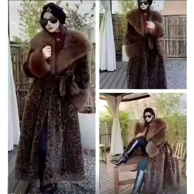 Nieuwe jas met luipaardprint, lang geïntegreerd temperament, winterherfst- en wintermode, verdikte bontbontkraag, dame, etnische stijl