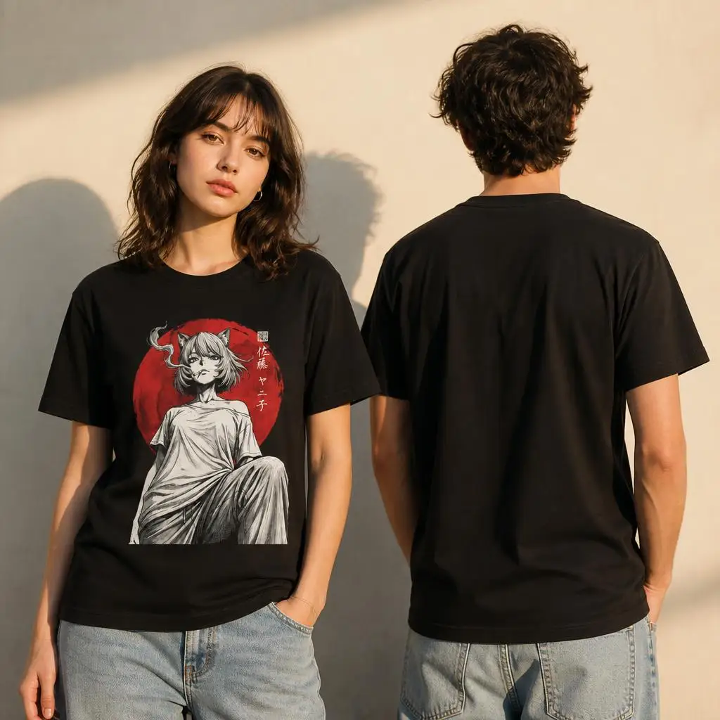 Also, Neko, T-Shirt im japanischen Stil mit Motiv einer Katze, die eine Zigarette raucht, für Herren, 100 % Baumwolle, lustiges T-Shirt mit kurzen Ärmeln, ein tolles Geschenk. – Detail 3