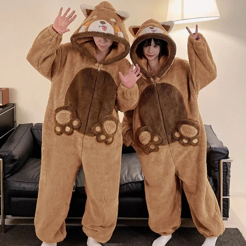 

Kawaii Winter Couple Sleepwear Cartoon Dog Pajamas Onesie Soft Warm Coral Fleece Loose Hooded Homewear Nightgown for Men Women
