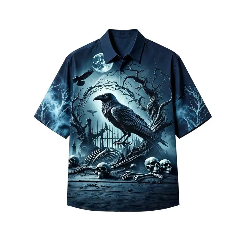 Men's 3D Raven Skull Print Short Sleeve Button Up Shirt Gothic Moon Graveyard Skeleton Hawaiian Shirt Halloween Streetwear Tops