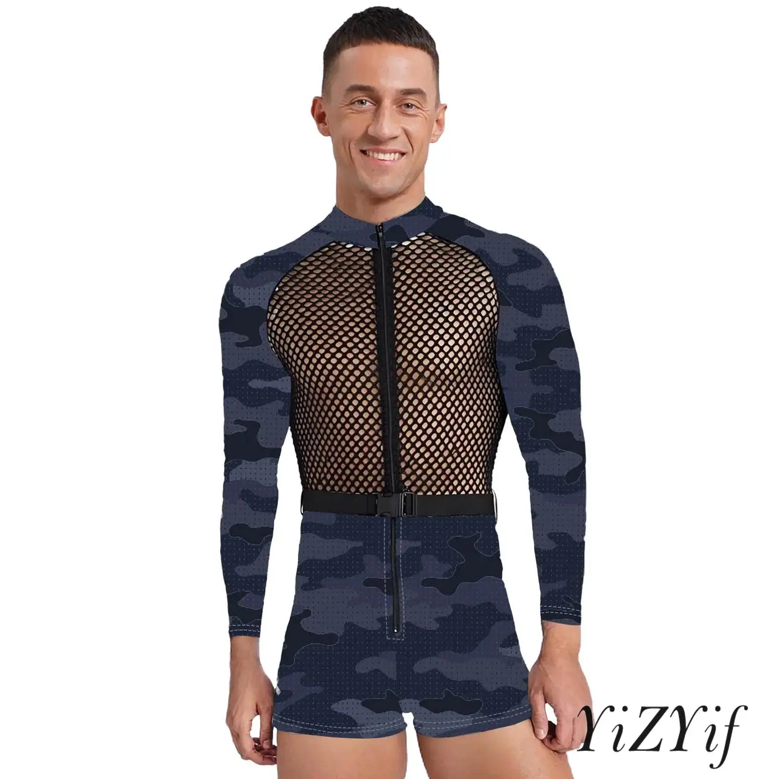 

Mens Fishnet Patchwork Camouflage Jumpsuit Stand Collar Long Sleeve Bodysuit with Buckle Belt for Halloween Rave Party Cosplay