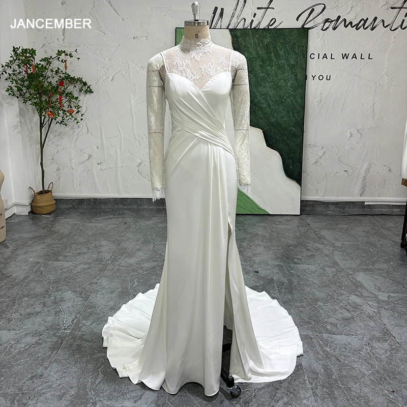 

Romantic A-line Wedding Dresses Organza Lace Ball Gown Split High Neck Full Sleeve Customized Bridal Robe De Mariee