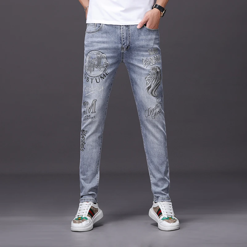 

8677 American summer high-end new printing hot fashion versatile small straight stretch jeans nine points