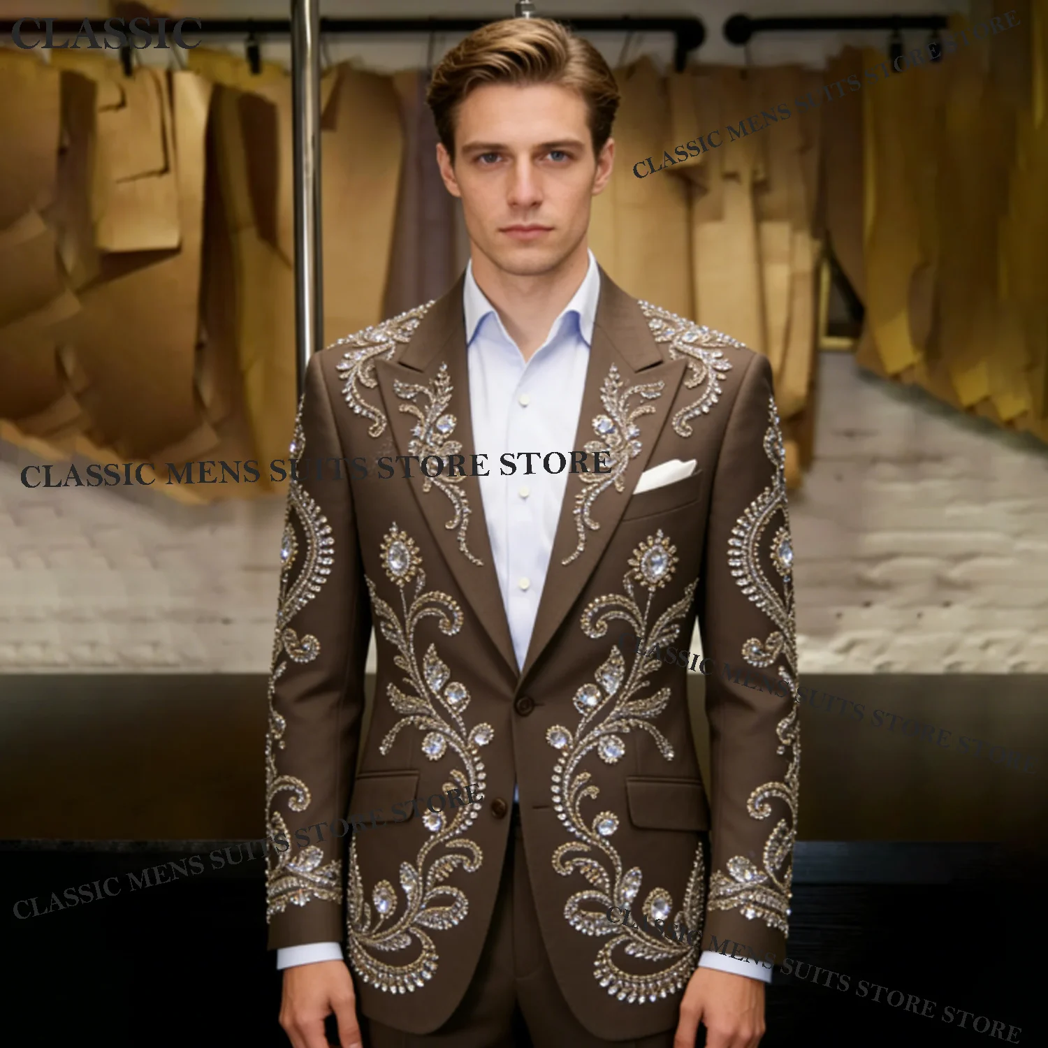 

Luxury Sequins Men Suits 2 Pieces Sets Male Party Blazer Intricate Groom Wedding Tuxedos Slim Diamond Costume Hod Costume Homme