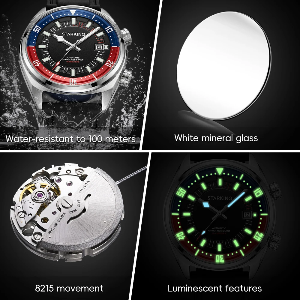 STARKING Men's Automatic 8215 Diving Watch Luminous Mechanical Watches Swimming Dive 100m Waterproof Wristwatch Silicone Strap view 5