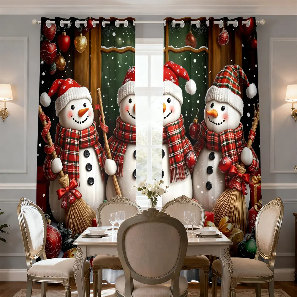 90-gram, two-piece printed curtains with a Christmas-themed snowman decoration scene. Can be machine-washed.