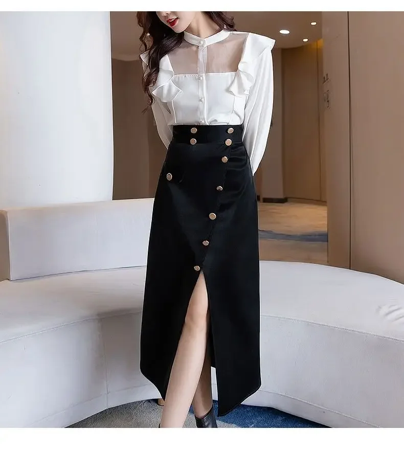 

Irregular High Waist Skirt Slit Sexy Hip-covering Half-length Skirt Spring Autumn and Winter Women New Style Button Solid Color