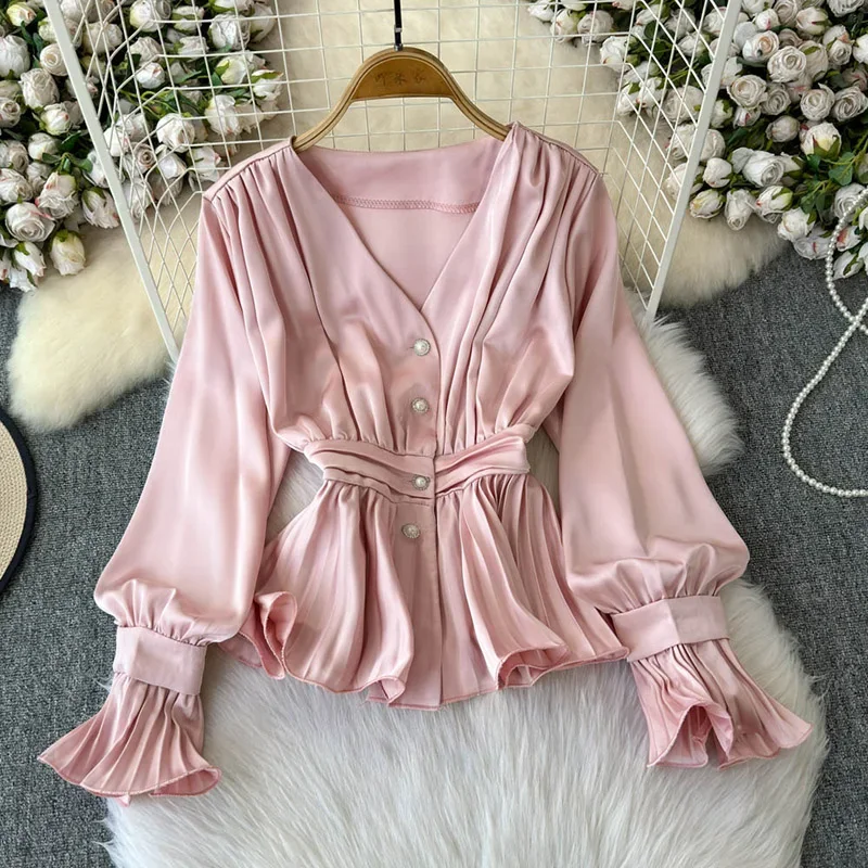 Women's Autumn Blouse Korean Version Temperament V-neck Long Sleeved Shirt French Niche Waist Cinching Slimming Shirt BL030