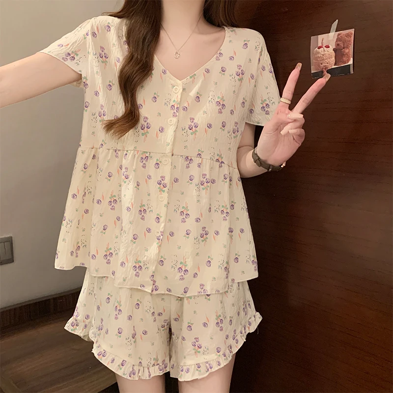 

Пижамы для девочек, летние, с короткими рукавами и шортами, милые, с мультяшным принтом, женский кардиган на пуговицах, сладкий домашний комплект.