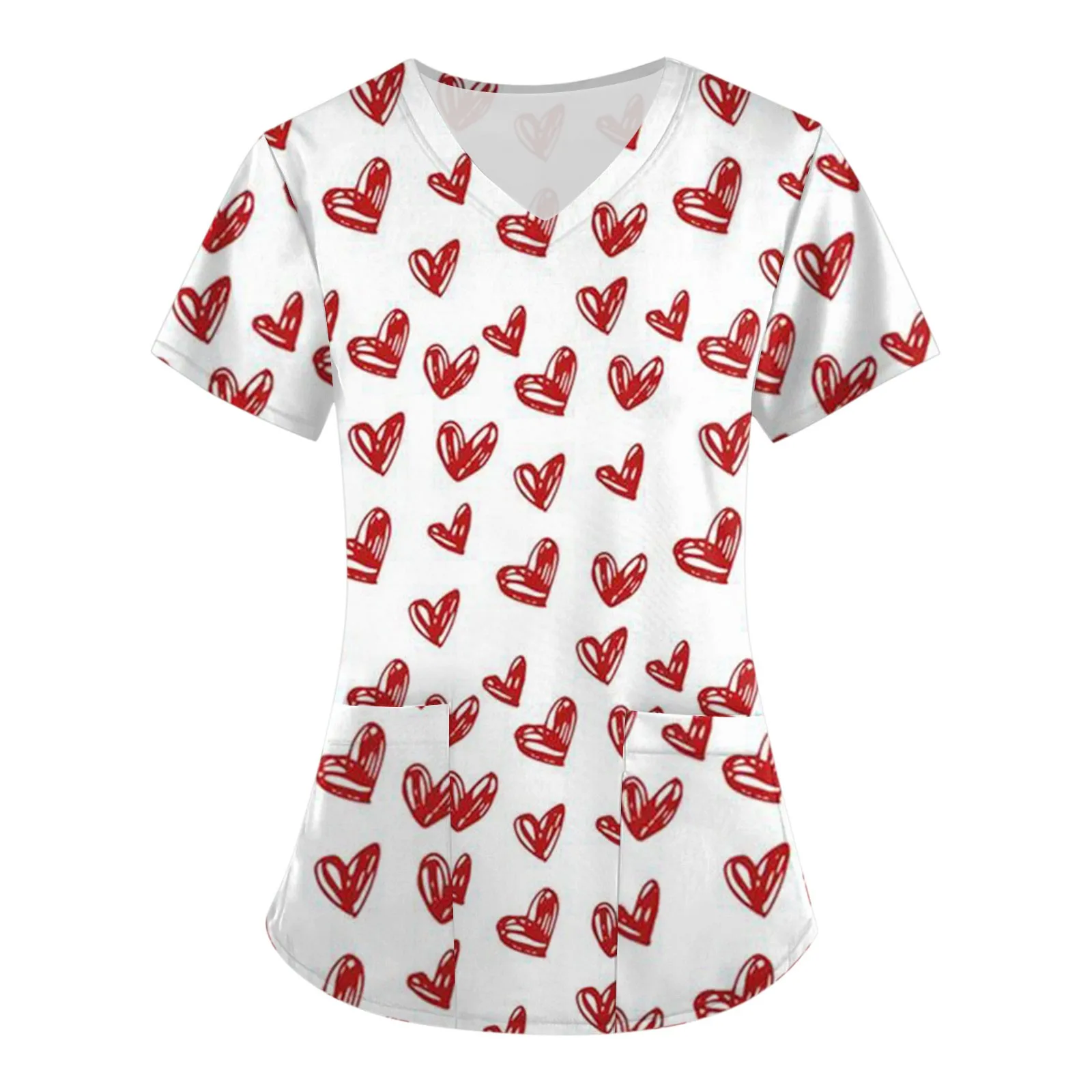 Valentijnsdag Verpleegster Uniform Tops Vrouwen Vlinder Cartoon Print Korte Mouw Zak Overalls Uniformen Medische Verpleegkundige Blouse