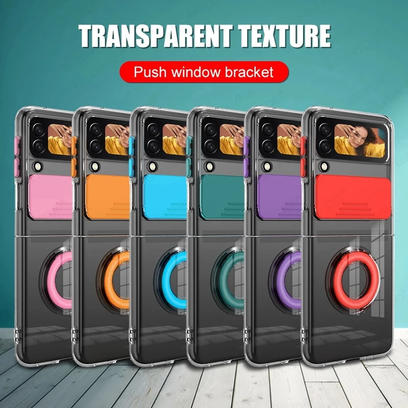 50pcs ZFlip3 With Ring Holder Push Pull Camera Protect Case for Samsung Galaxy Z Flip3 Flod 3 5G Clear Silicone Shockproof Coque