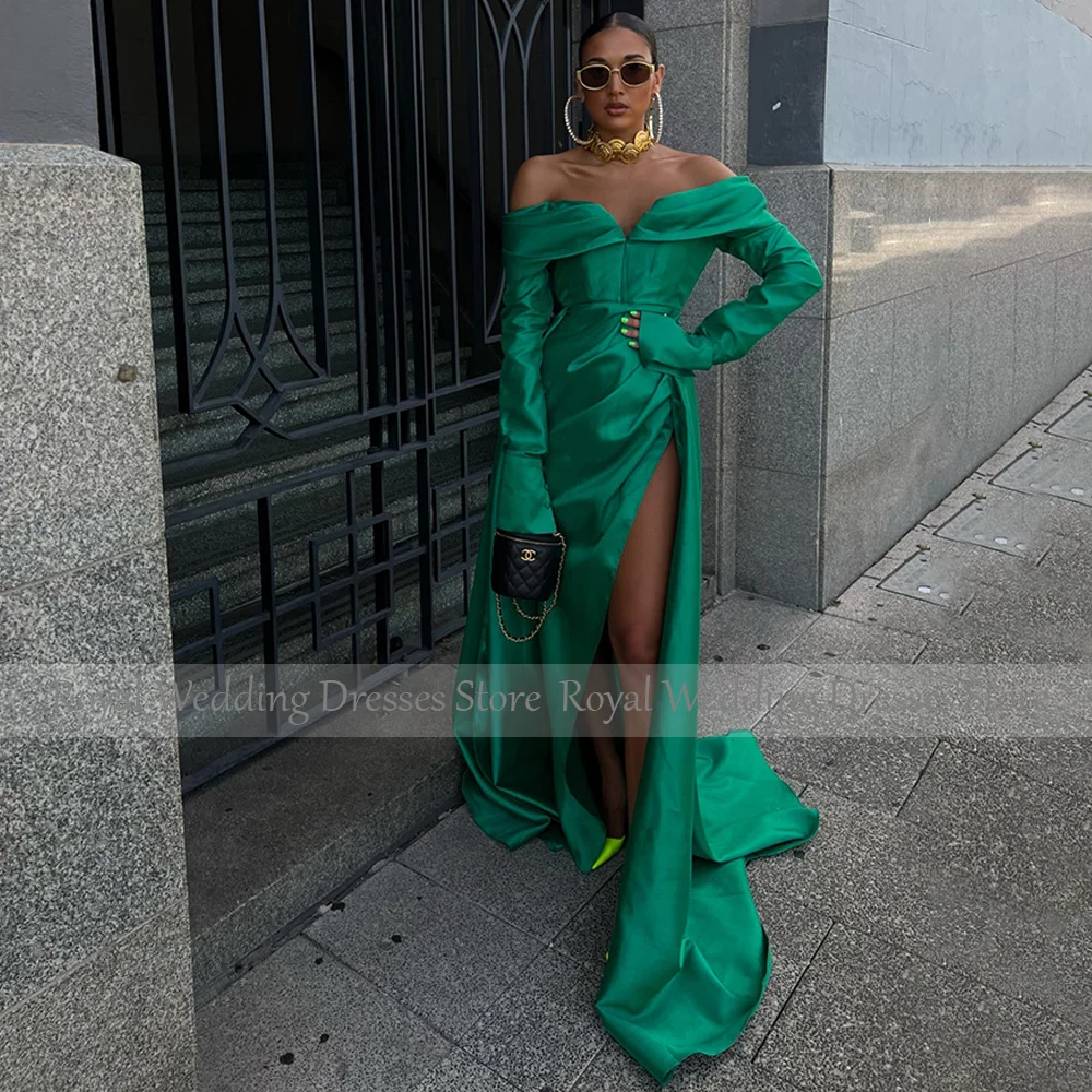 Emerald Green Evening Dress Long Sleeves Off the Shoulder Sexy Party Gowns High Slit Drapd Mermaid/Trumpet Women\'s Prom Robe