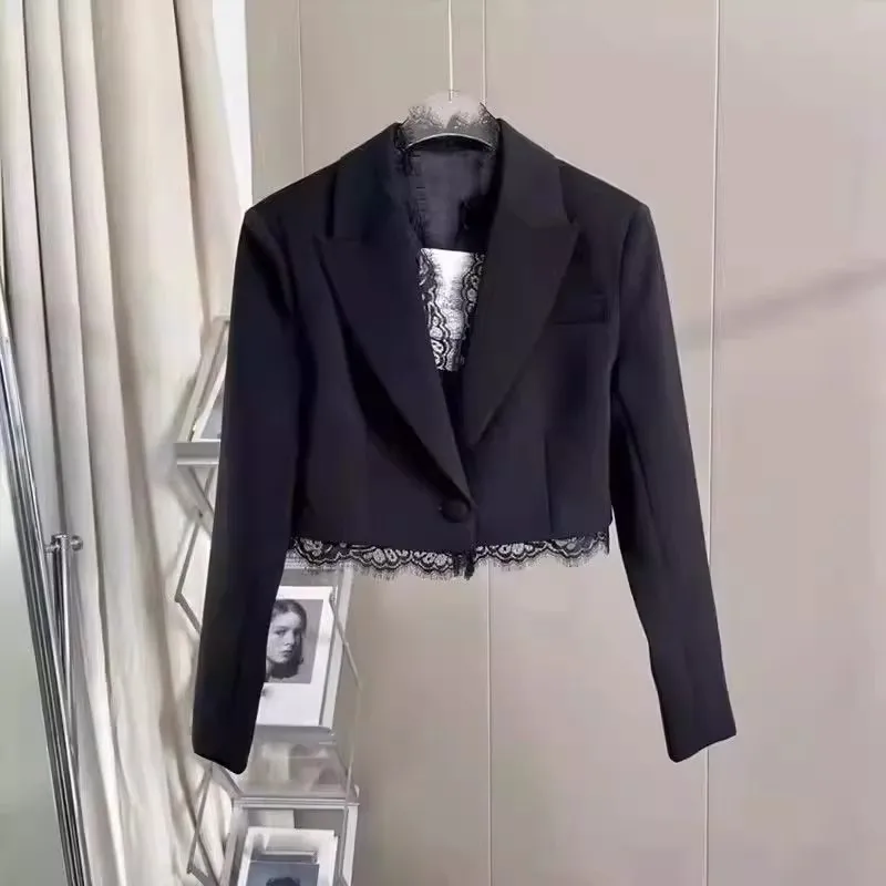 2024 Simple Black Lace Splice Slim Fit Shoulder Pad Women's Short Suit Jacket Elegant Style round Neck One Button Closure