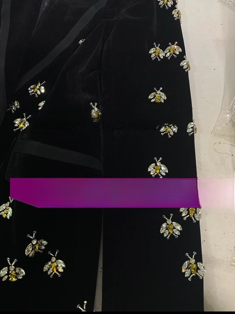 Costume orné de diamants en velours doré Jaet, manteau en laine de longueur moyenne pour femmes, coupe sur mesure brodée