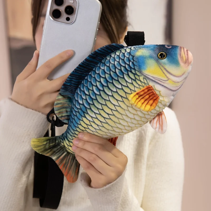 Bolso cruzado de felpa de pez simulado de 30CM, pez Koi impreso en 3D, carpa cruciana, loro, pez relleno, juguetes, monedero