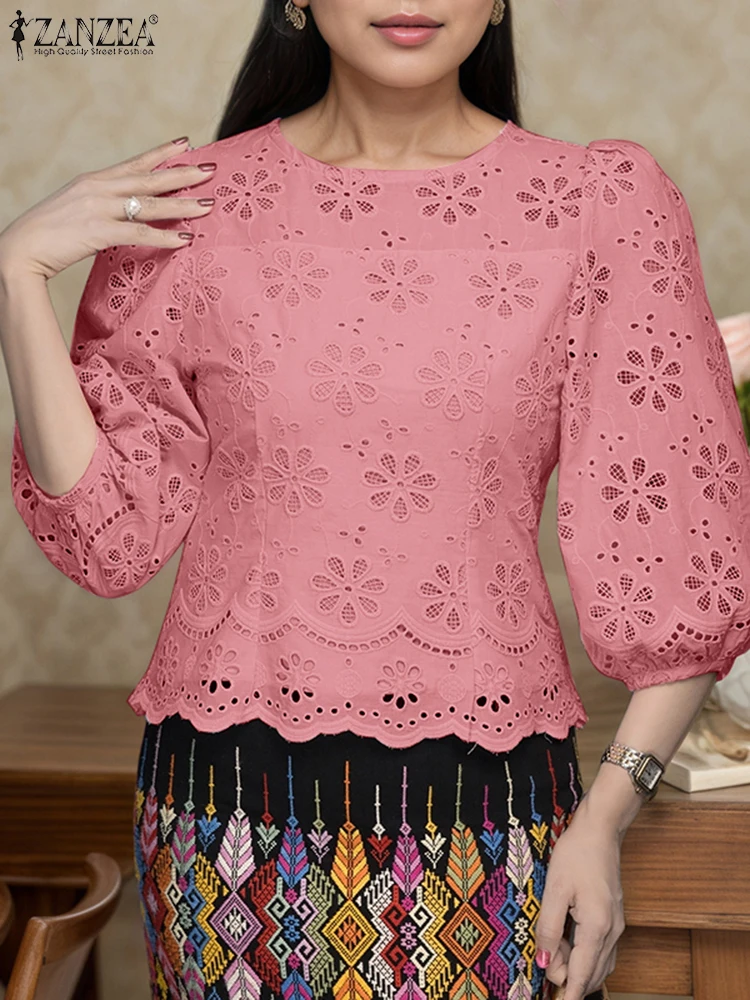 

ZANZEA Cotton Lace Blusas Women 3/4 Sleeve Vintage Tops Summer Hollow Out Blouses 2025 O Neck Casual OL Work Tunics Oversized