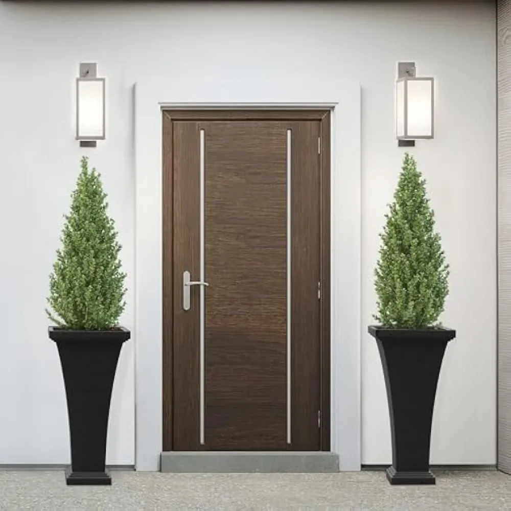 Modern Tall Outdoor Planters (Set of 2) - 28 Inch Large Black Planter Outside Plants Pots for Front Porch, Door, Patio