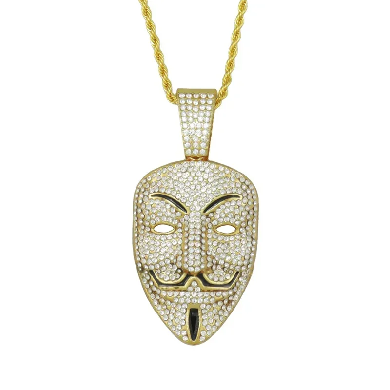 Hiphop V For Vendetta Anonymous Mask Pendant With 13mm Cuban Chain Necklace For Men Women V Mask Choker Fashion Y2K Jewelry