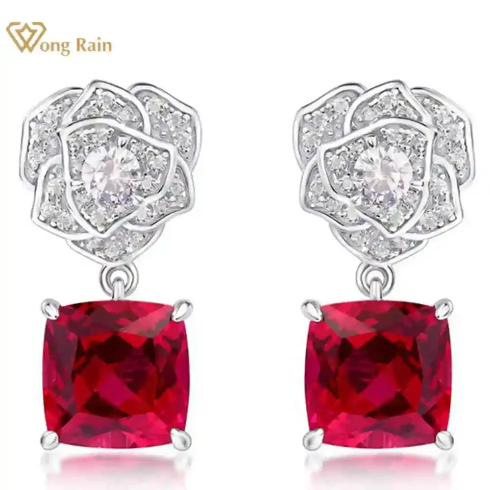 Wong Rain 925 Sterling Silver Lab Sapphire Ruby High Carbon Diamonds Gemstone Drop Dangle Flower Earrings Fine Jewelry Gifts