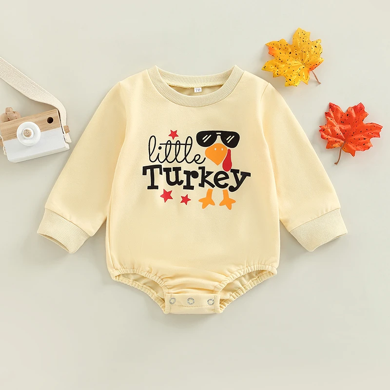 

Infant Boys Thanksgiving Turkey Print Romper with Long Sleeves and O Neck for Casual Wear