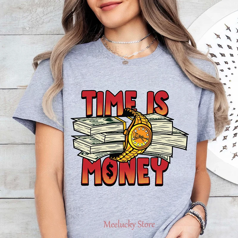 Time is money letter print pattern Crew Neck T-Shirt, Casual Short Sleeve T-Shirt For Spring & Summer, Women's Clothing