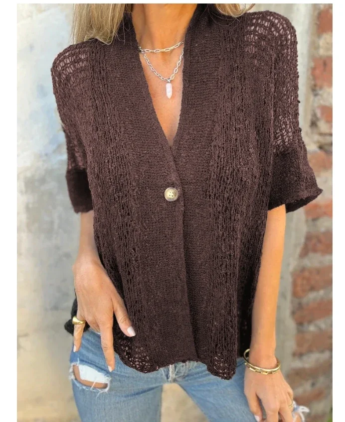 2025 Spring Summer New Women Knit Cardigan with Solid Color Shawl Hollow Sunscreen Coat