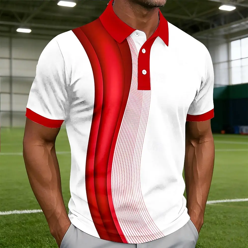 Men's Collared Geometric Line Polo Shirts, Short Sleeve Button Closure Casual Athleisure, Spring & Summer Street Style