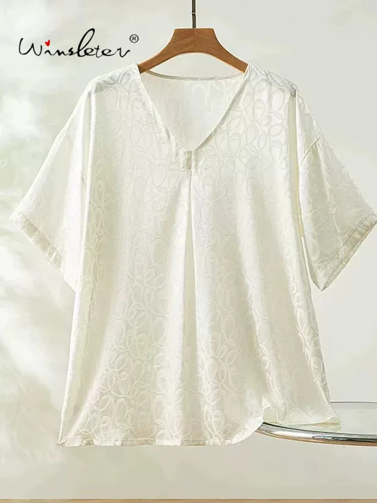 Winsleter-100%Real Silk Elegant T-Shirt, V Neck Short Sleeve Jacquard, Women Casual Commute Loose Top, 2026 Autumn New T68463CC