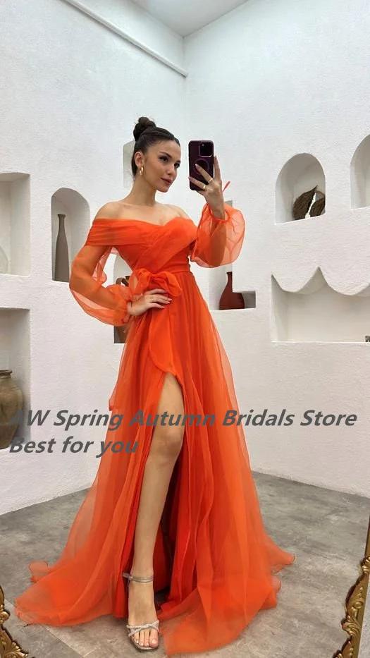 Sexy High Slit Tulle A Line Prom Dresses Sweetheart Long Sleeves Floor Length Women Cocktail Party Evening Gowns