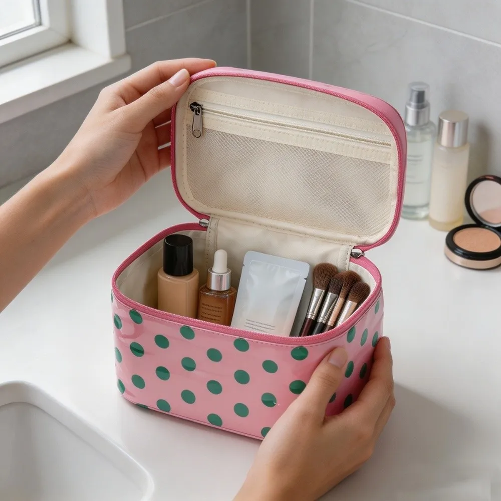 bolsa-de-cosmeticos-portatil-em-pvc-com-padrao-de-bolinhas-grande-capacidade-bolsa-de-maquiagem-a-prova-d'agua-bolsa-para-guardar-artigos-de-higiene-pessoal-ideal-para-uso-ao-ar-livre