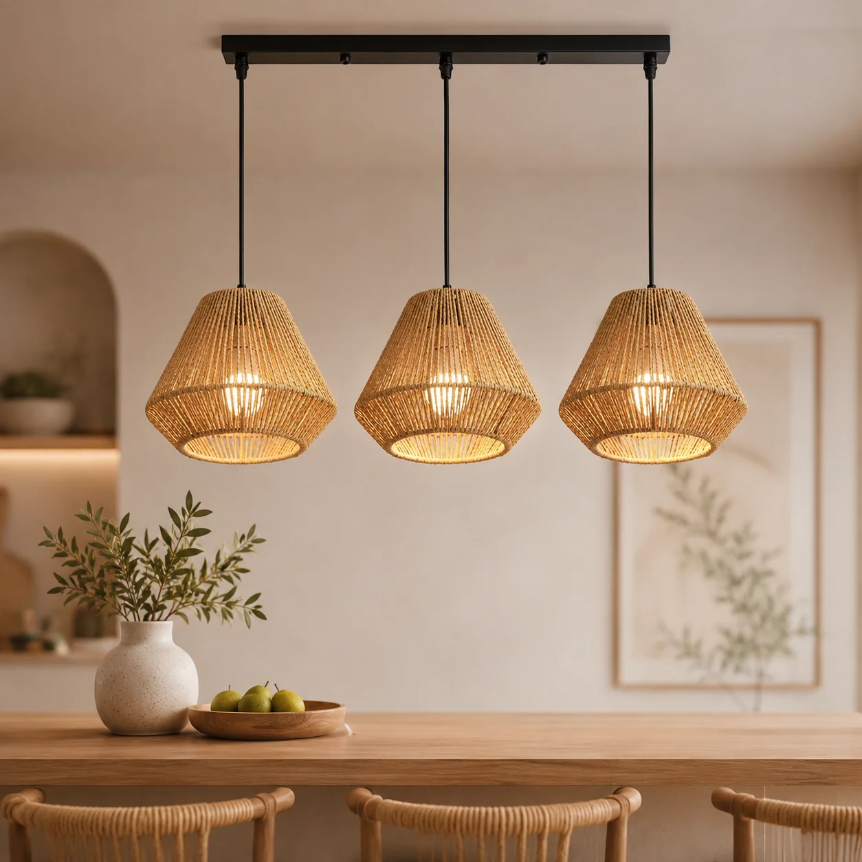 JOYINLED 3-Light Retro Hemp Rope Hollow Woven Chandelier Lampshade Decoration Living Room Hotel Lighting Design Rattan Weaving